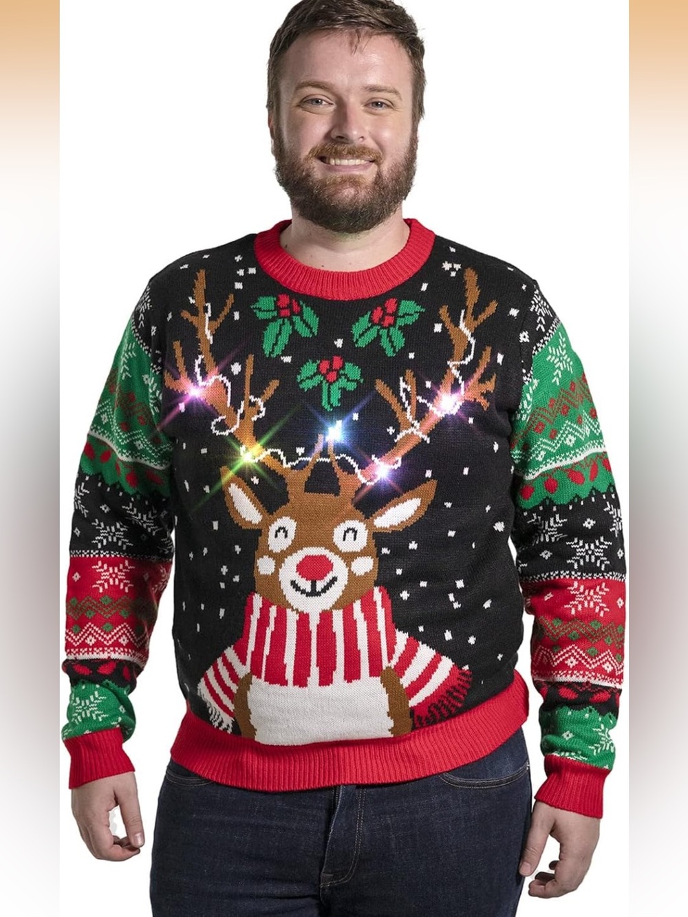 Ugly Christmas Sweater Funny Chunky Fair Isle Jumper W/Santa Reindeer light up!